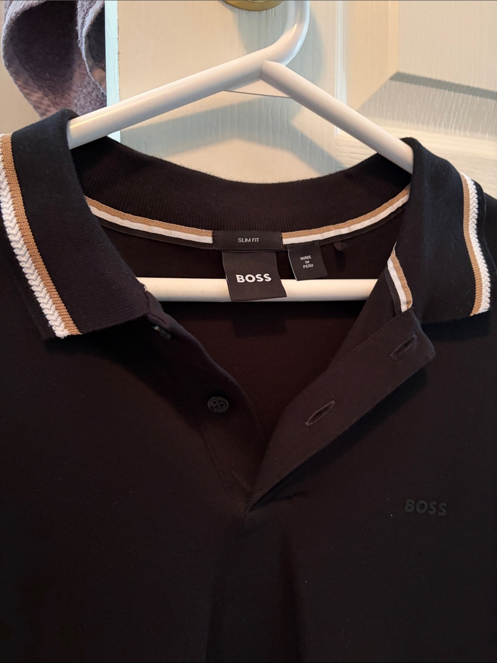 BOSS Black Slim Fit Polo with Tan and White Stripe Collar